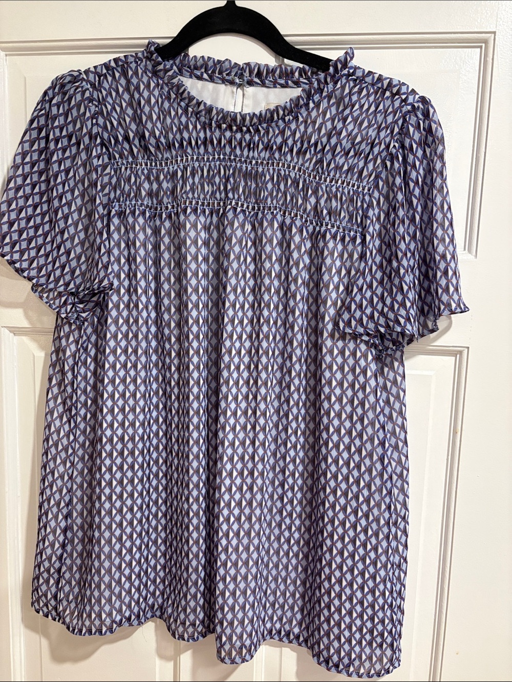 LOFT Lavender and Navy Geometric Smocked Blouse